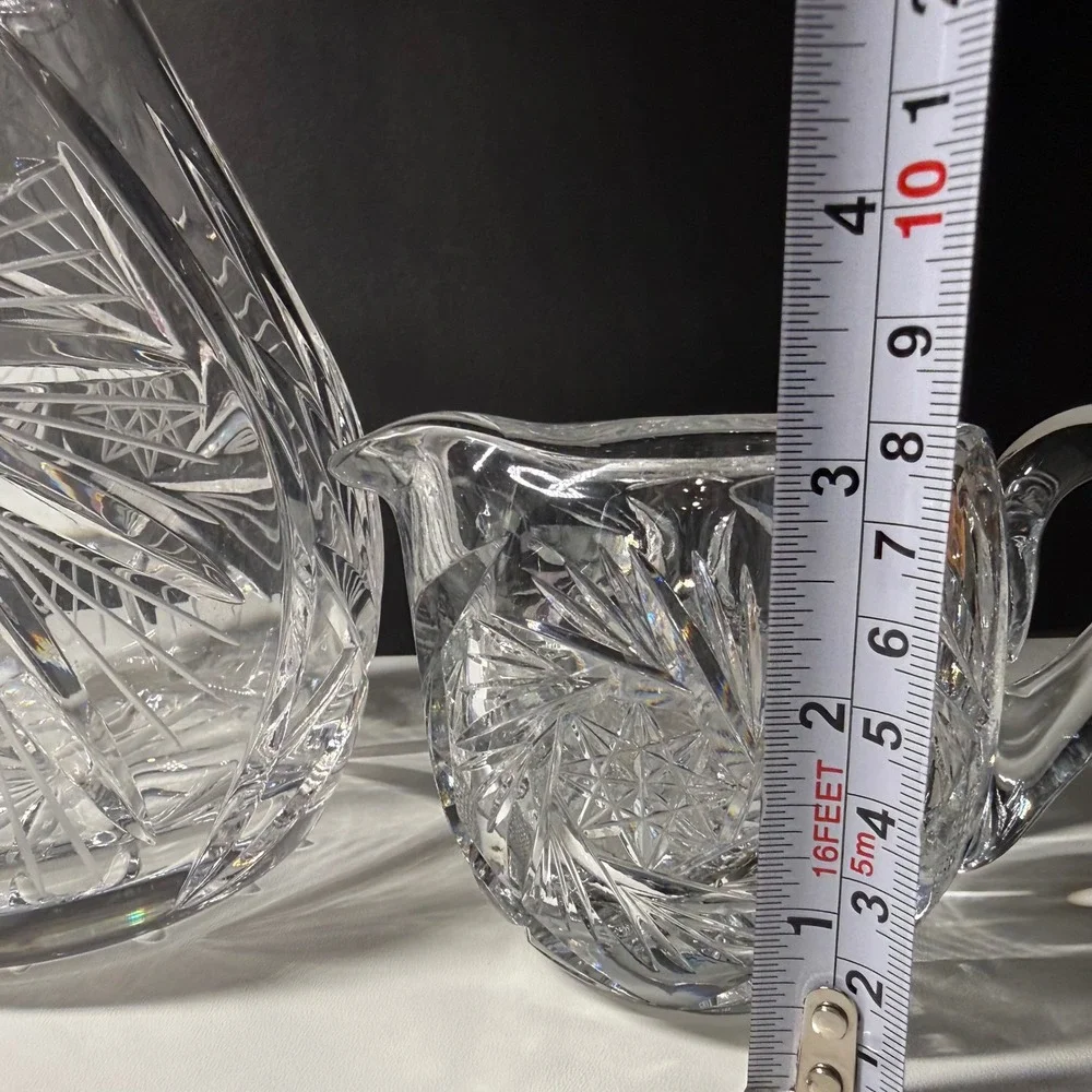 American Brilliant Vintage Pinwheel Cut Crystal Decanter Set Creamer Sugar Bowl